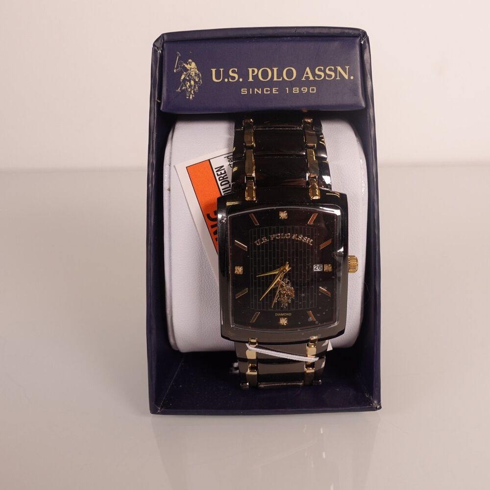 U.S. Polo Assn Mens Watch Quartz Black Gold Rectangle Japan Movement Bracelet